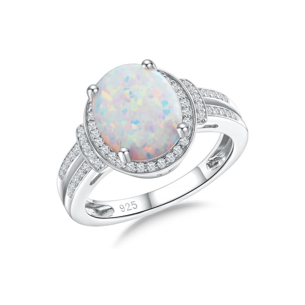 Sterling Silver Opal & Simulated Diamond Ring